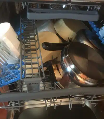 Clean dishes in the dishwasher's upper rack.
