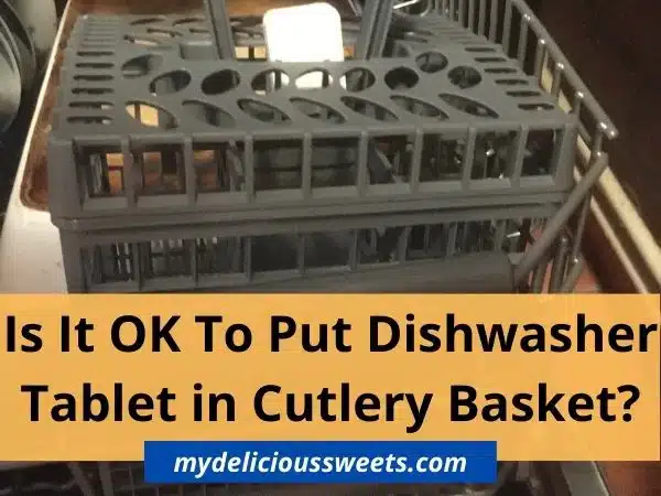 Dishwasher cutlery basket and a dishwasher tab.