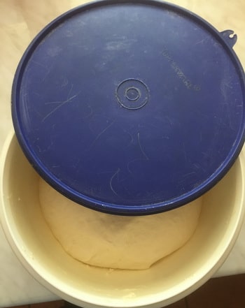 Bread dough in a white tupperware mixing bowl with dark blue lid.